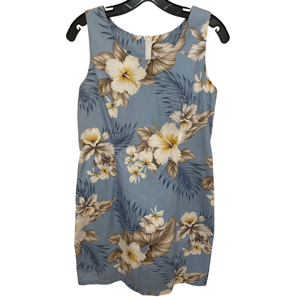 Vintage Two Palms Dress Medium Blue Hibiscus Floral Cotton Made in Hawaii